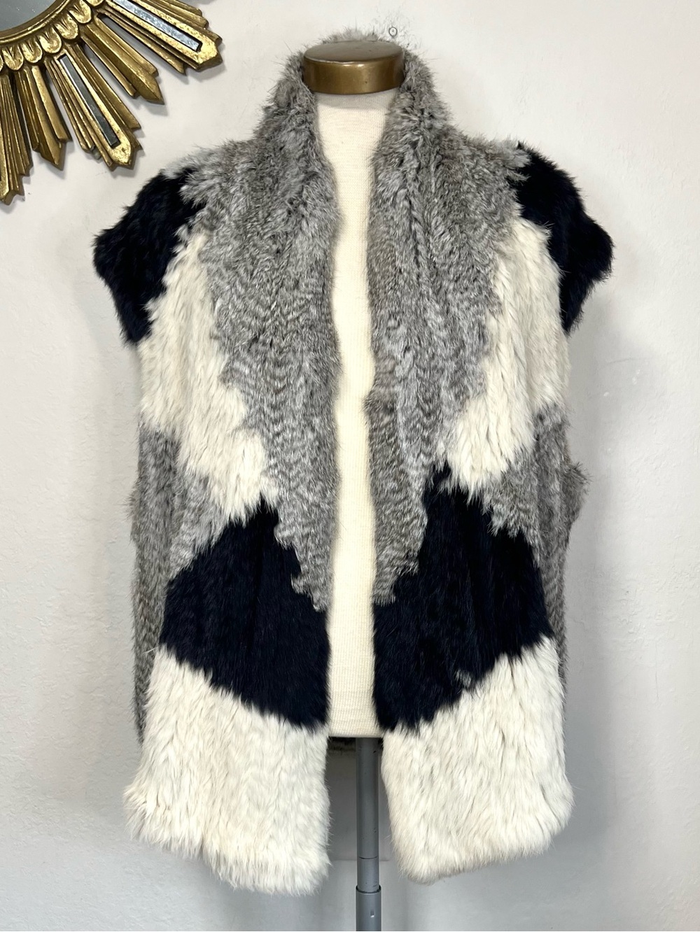 Vince Rabbit Fur Grey, Dark Blue/Black & Cream Colorblock Vest